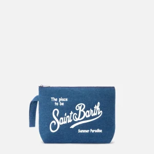 POCHETTE A MANO IN LINO BLU CON LOGO BIANCO MC2 SAINT BARTH