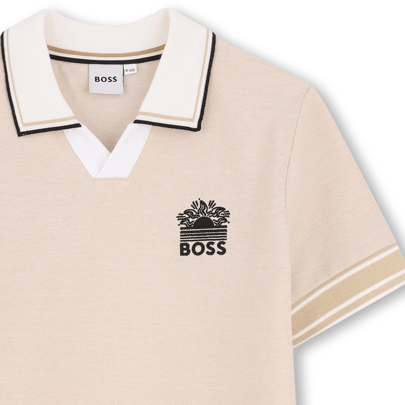 POLO BEIGE CON COLLETTO BIANCO LOGO IN RICAMO NERO BOSS - immagine 4