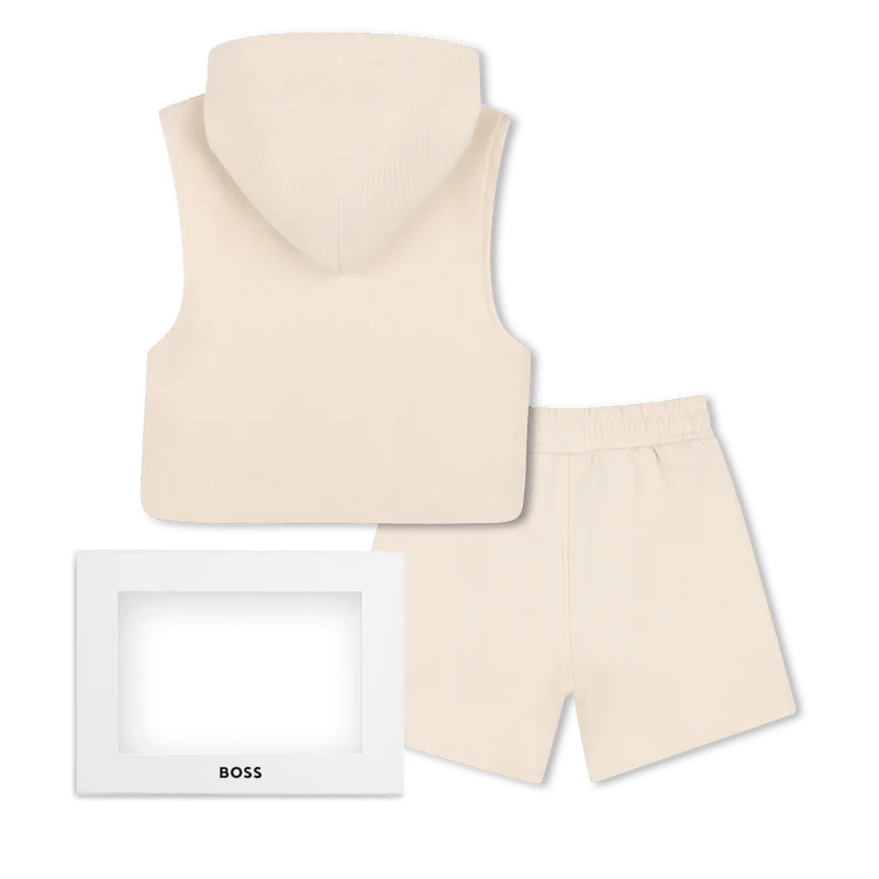 SET DI T-SHIRT+FELPA+BERMUDA BEIGE CON LOGO GOMMATO BIANCO BOSS - immagine 3