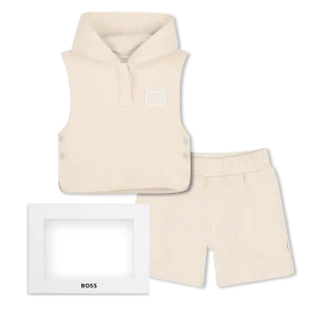 SET DI T-SHIRT+FELPA+BERMUDA BEIGE CON LOGO GOMMATO BIANCO BOSS