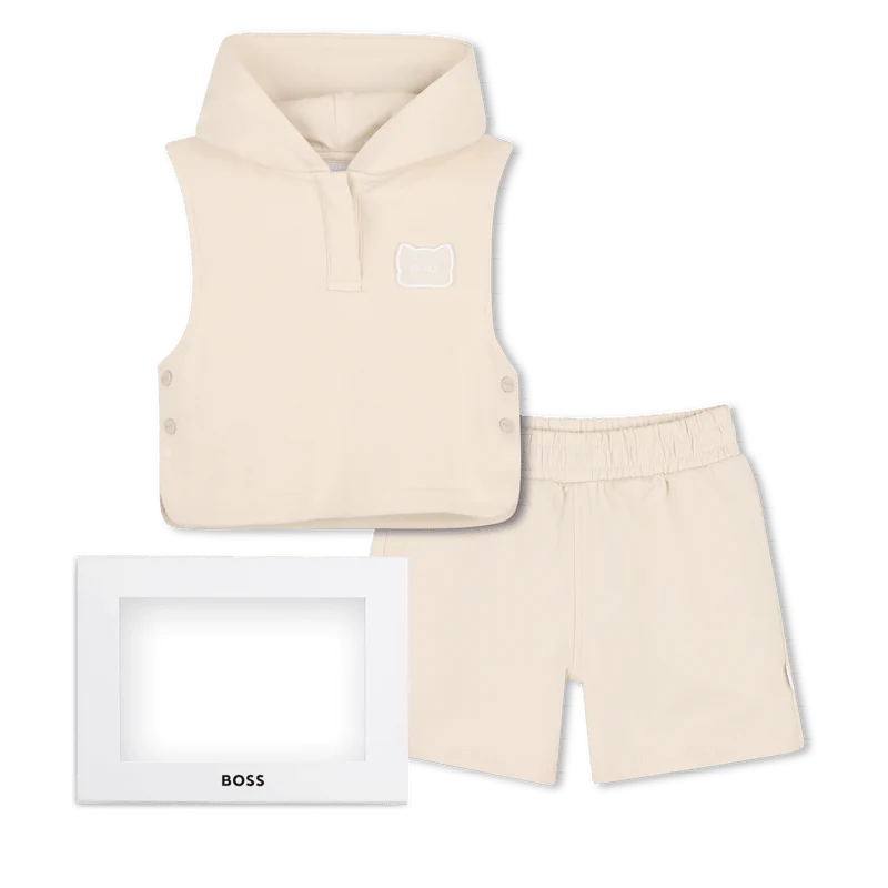 SET DI T-SHIRT+FELPA+BERMUDA BEIGE CON LOGO GOMMATO BIANCO BOSS - immagine 2