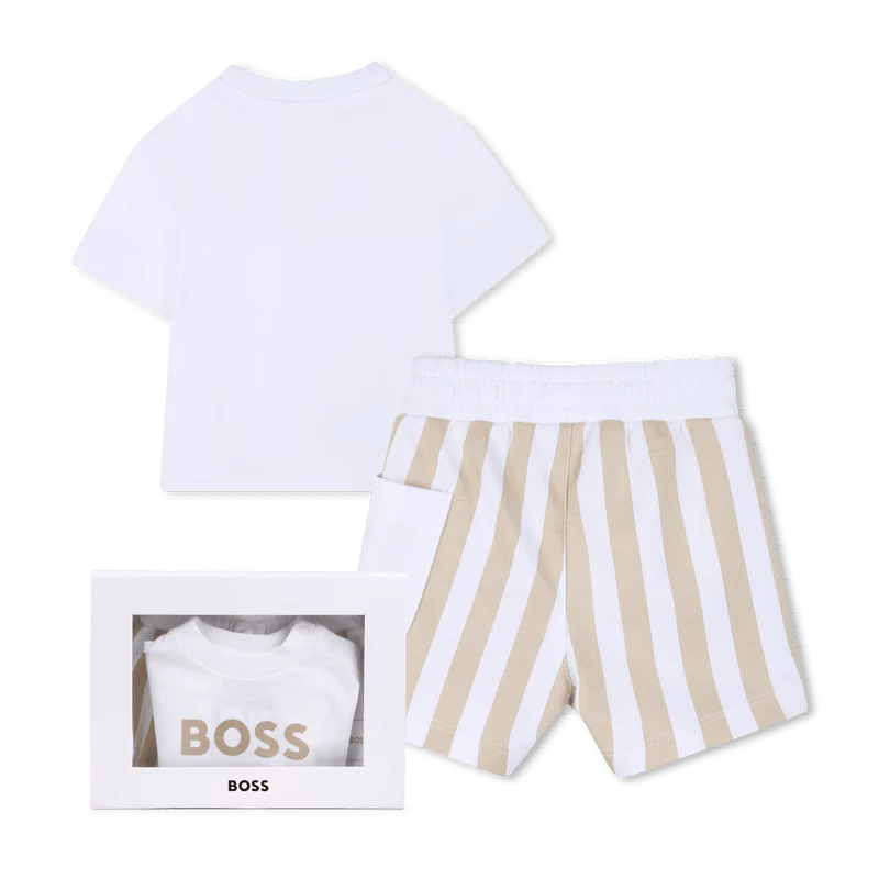 SET T-SHIRT + BERMUDA A RIGHE BIANCO E BEIGE BOSS - immagine 3