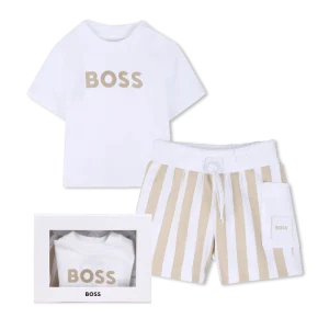 SET T-SHIRT + BERMUDA A RIGHE BIANCO E BEIGE BOSS