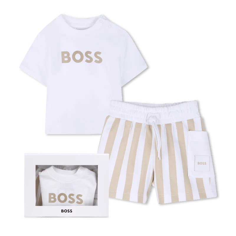 SET T-SHIRT + BERMUDA A RIGHE BIANCO E BEIGE BOSS - immagine 2