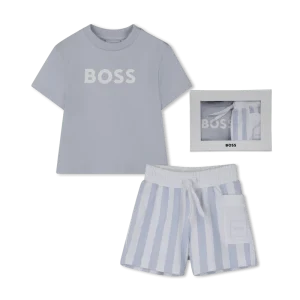 SET T-SHIRT E BERMUDA A RIGHE BIANCO E AZZURO CON LOGO BIANCO BOSS