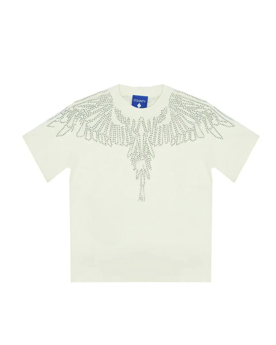 T-SHIRT BIANCA CON ALI IN STRASS ARGENTO MARCELO BURLON