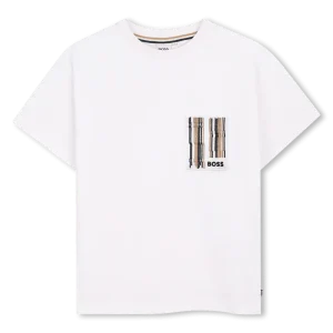 T-SHIRT BIANCA CON TASCHINO A RIGHE CON LOGO BOSS