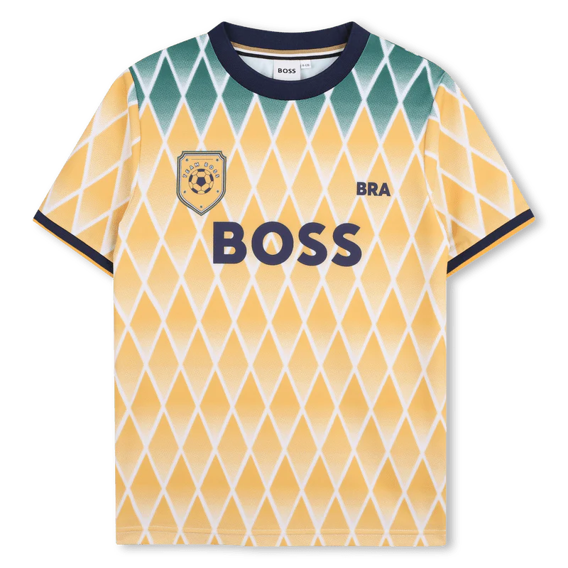 T-SHIRT CALCISTICA DEL "BRA" GIALLA E VERDE CON LOGO BLU BOSS