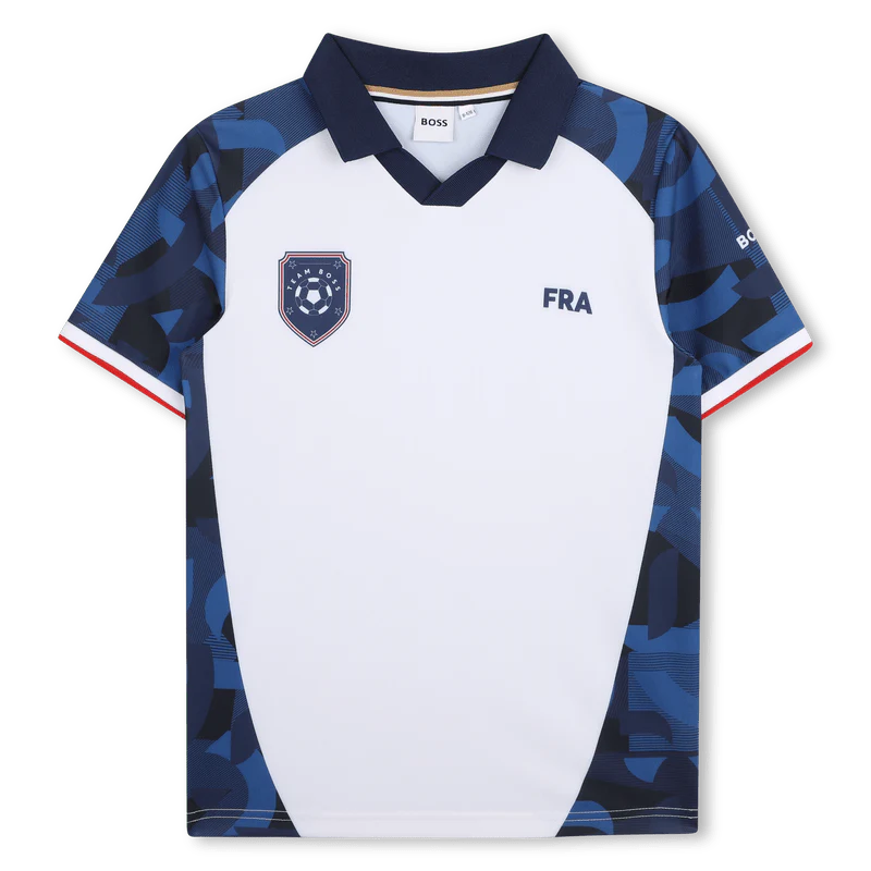 T-SHIRT CALCISTICA DELLA "FRA" BIANCA E BLU CON LOGO BOSS