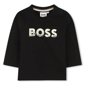 T-SHIRT MANICA LUNGA NERA CON LOGO SABBIA HUGO BOSS