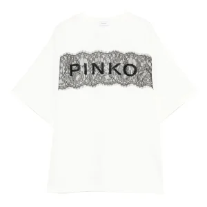 T-SHIRT PANNA CON PIZZO E LOGO NERO PINKO
